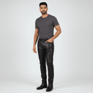Premium black leather jeans with a five-pocket design and regular slim fit on a neutral background.