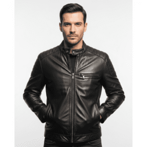 premium mens black leather jacket biker style front view with quilted shoulders