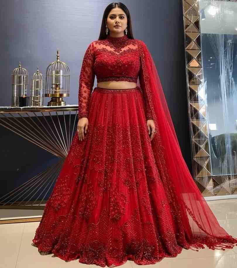 royal red embroidered lehenga with sequin work and heavy detailing