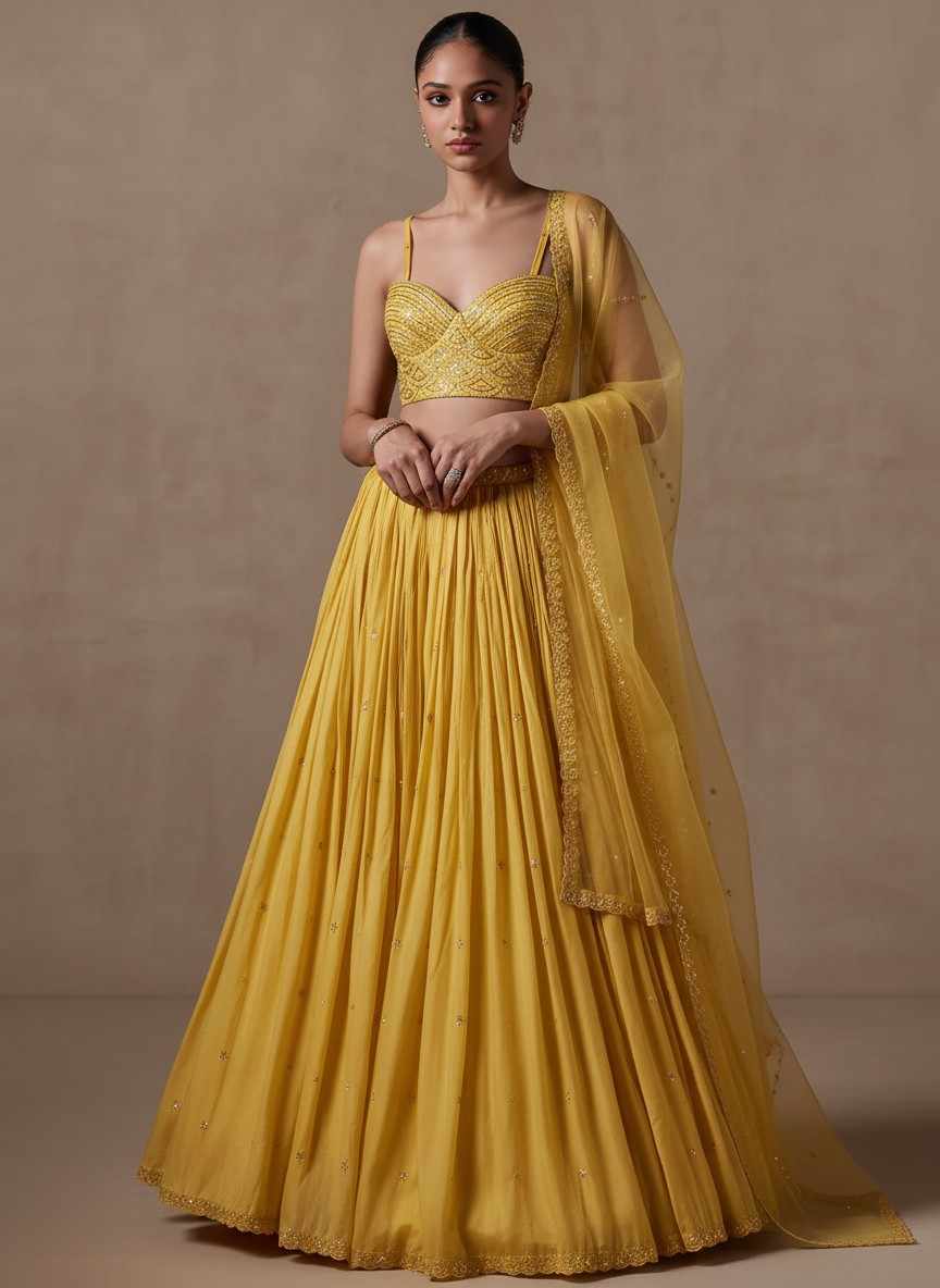 Woman wearing mustard yellow embroidered lehenga for haldi ceremony