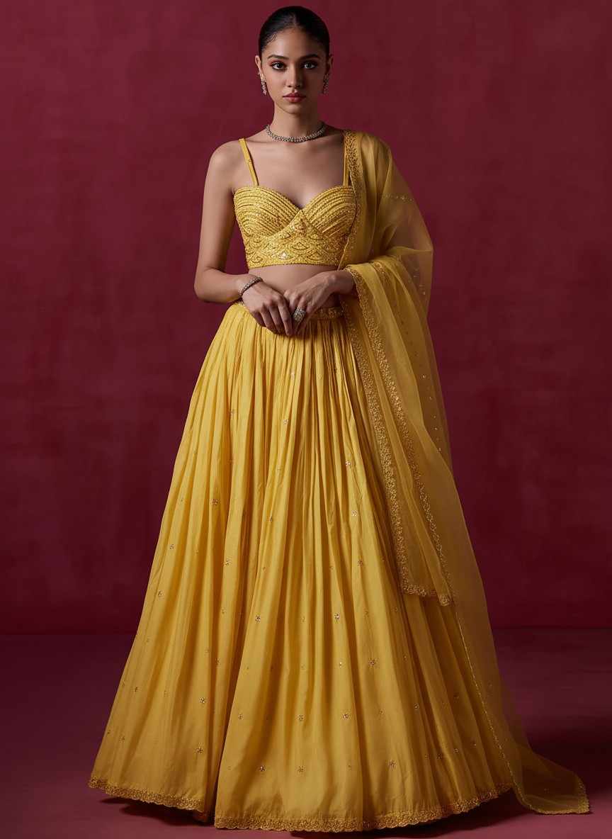 Mustard Yellow Embroidered Lehenga Choli Set with Dupatta - Image 3