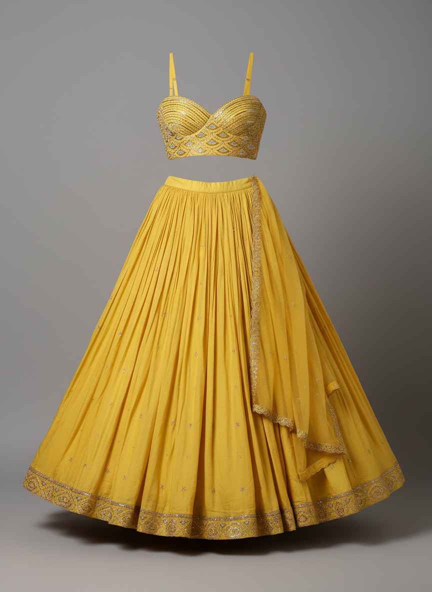 Mustard Yellow Embroidered Lehenga Choli Set with Dupatta - Image 2