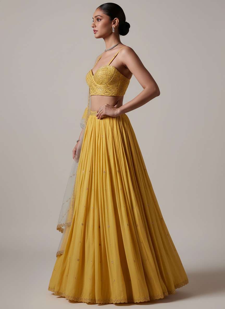 Mustard Yellow Embroidered Lehenga Choli Set with Dupatta - Image 6