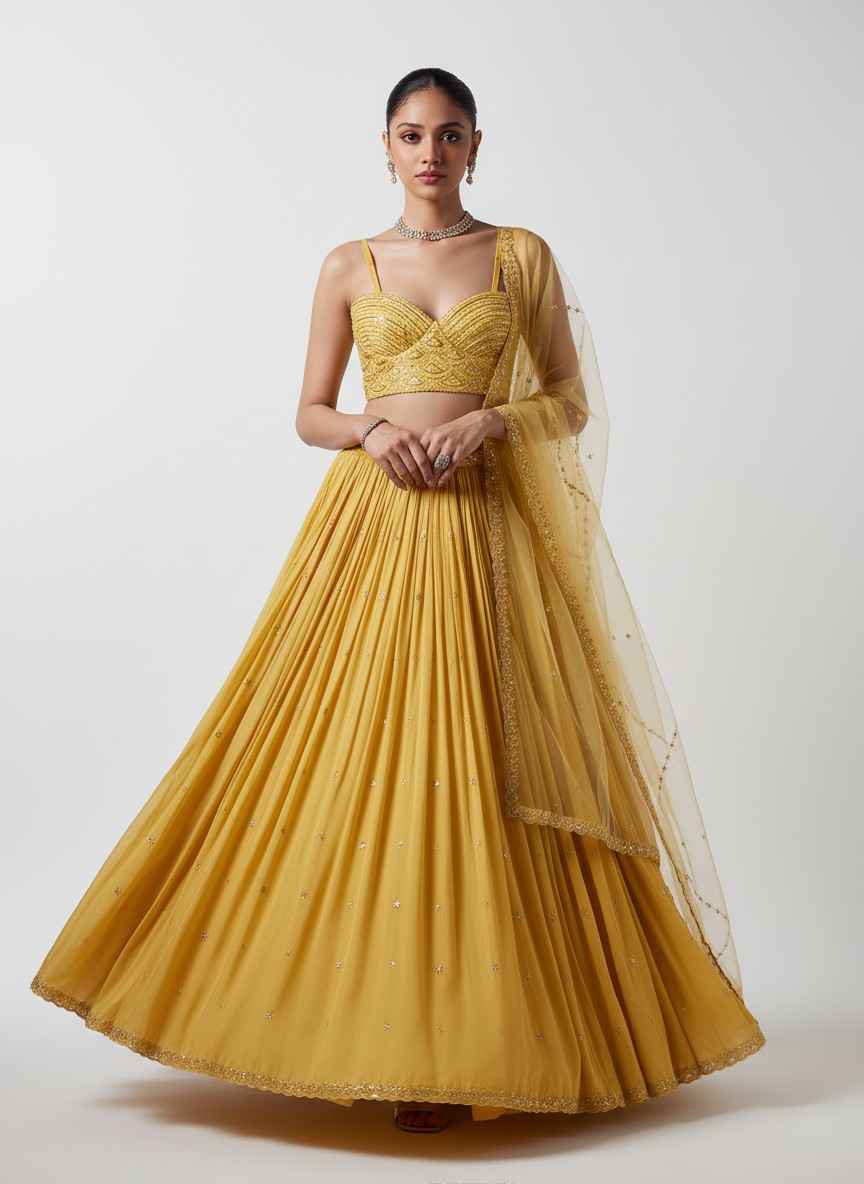 Mustard Yellow Embroidered Lehenga Choli Set with Dupatta - Image 4