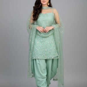 Elegant mint green embroidered salwar suit with floral threadwork and net dupatta.