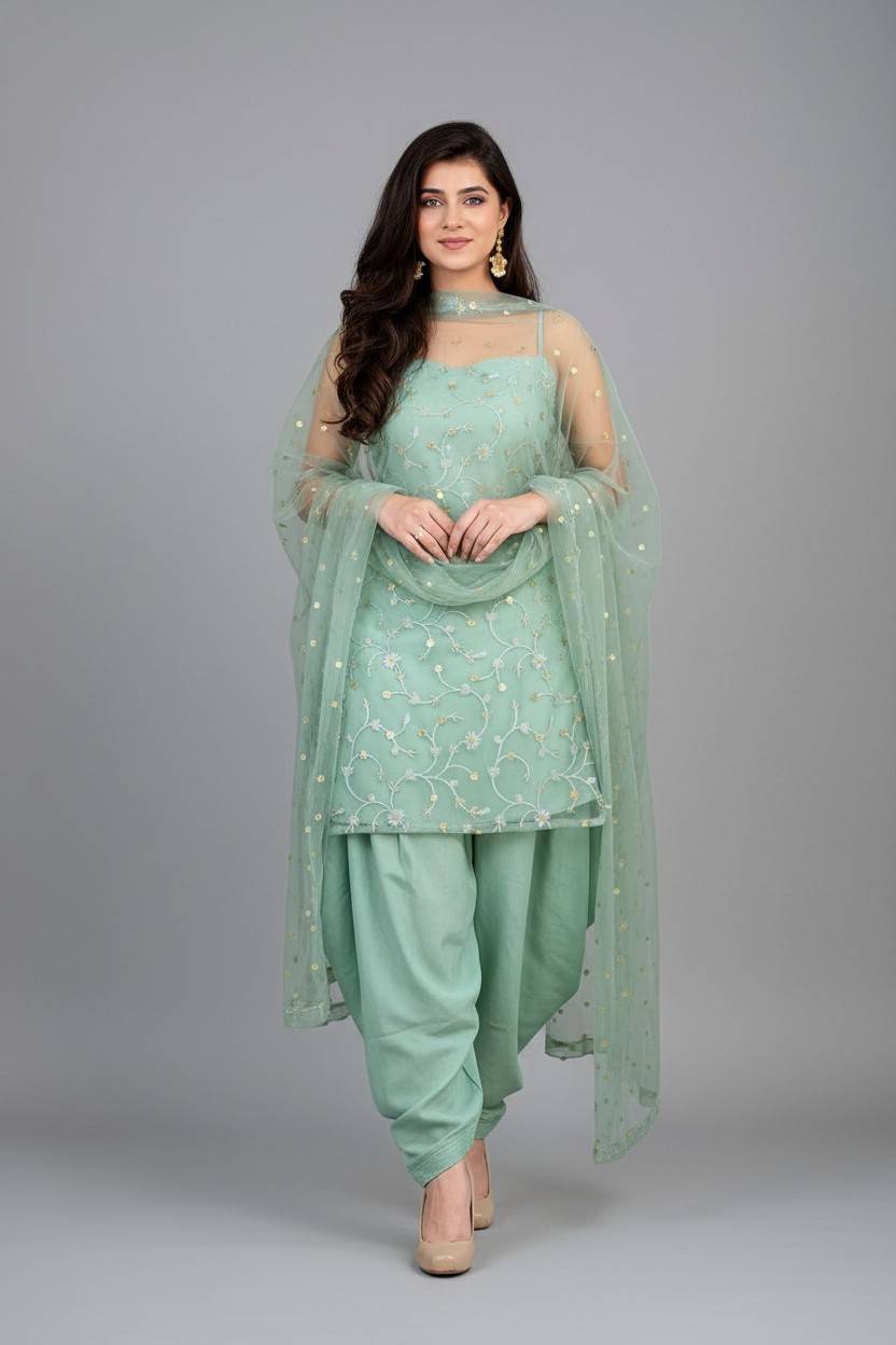 Elegant mint green embroidered salwar suit with floral threadwork and net dupatta.