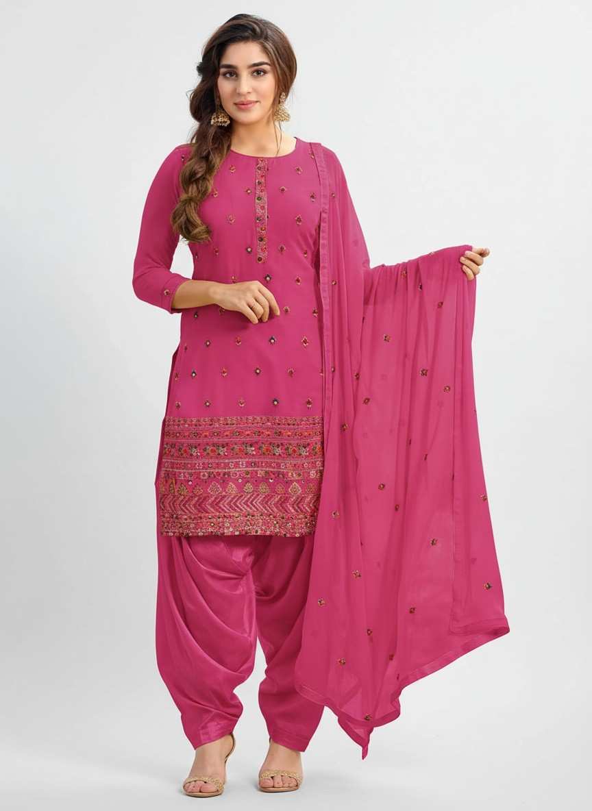 Elegant rose pink embroidered salwar suit set with Patiala salwar and chiffon dupatta.