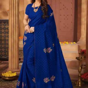 Elegant royal blue chiffon saree with multicolored floral embroidery and olive gold blouse.
