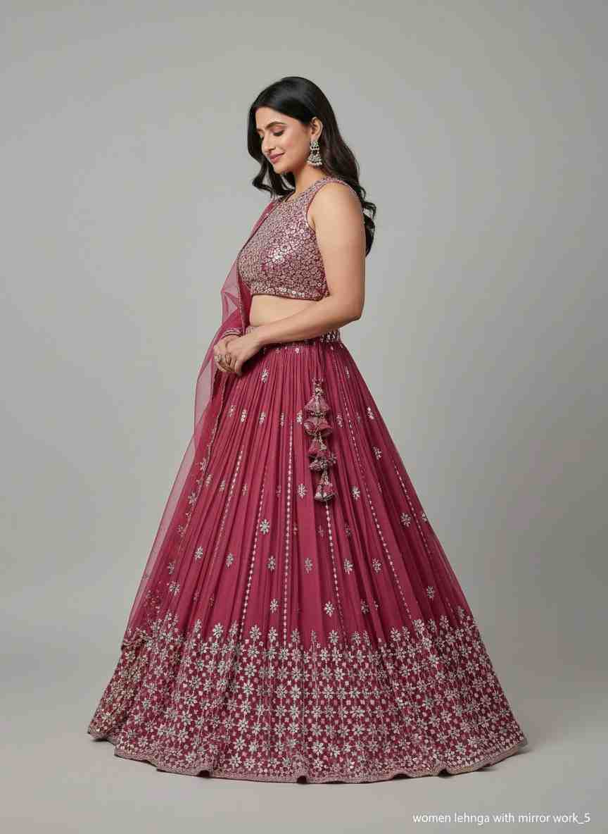Model posing in a wine pink mirror work lehenga for a wedding reception
